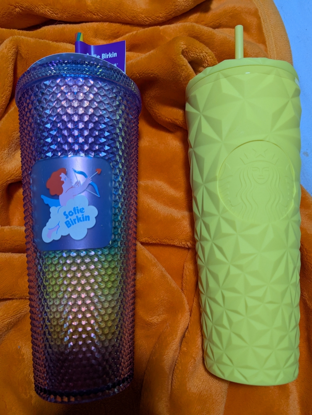 Starbucks Bright Yel Textured Tumbler&Iridescent Studded Tumbler Sofi Birkn $30e